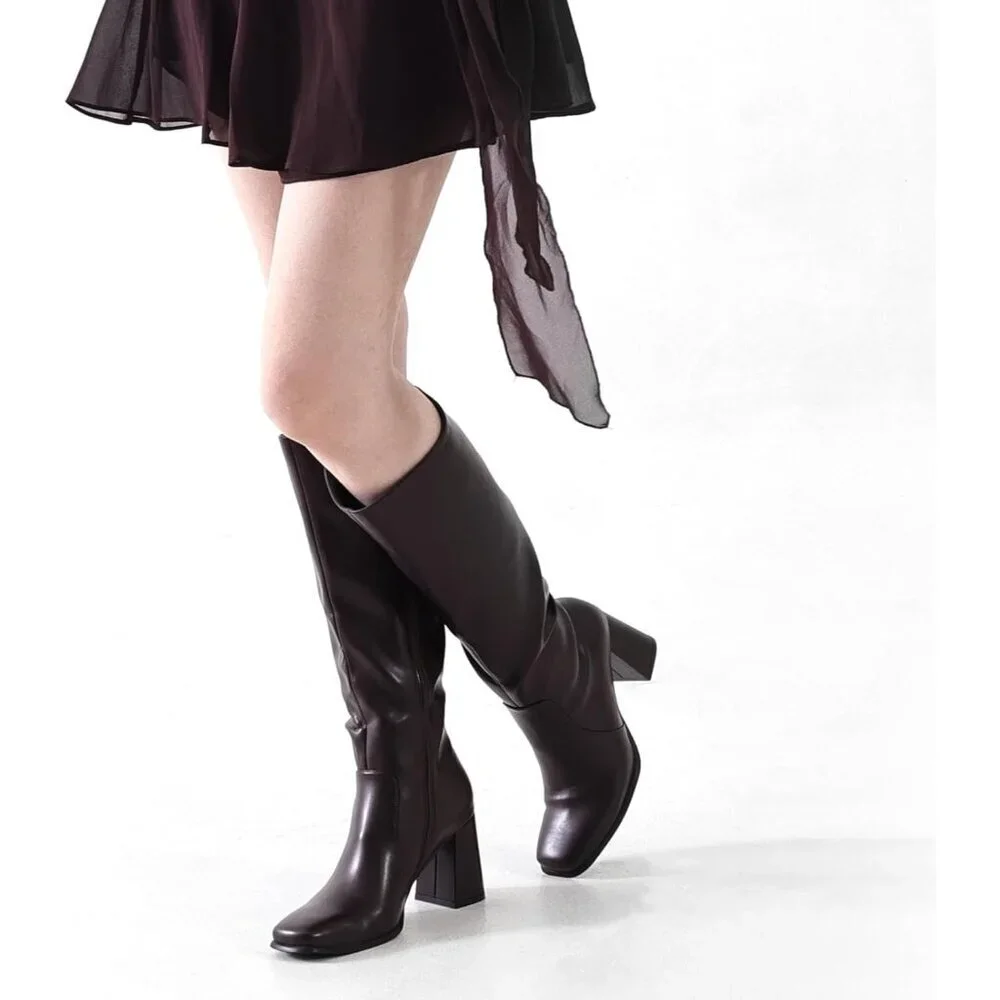 Women's Coffee 3.35-inch Square Toe Knee High Boots Chunky Block Heel Tall